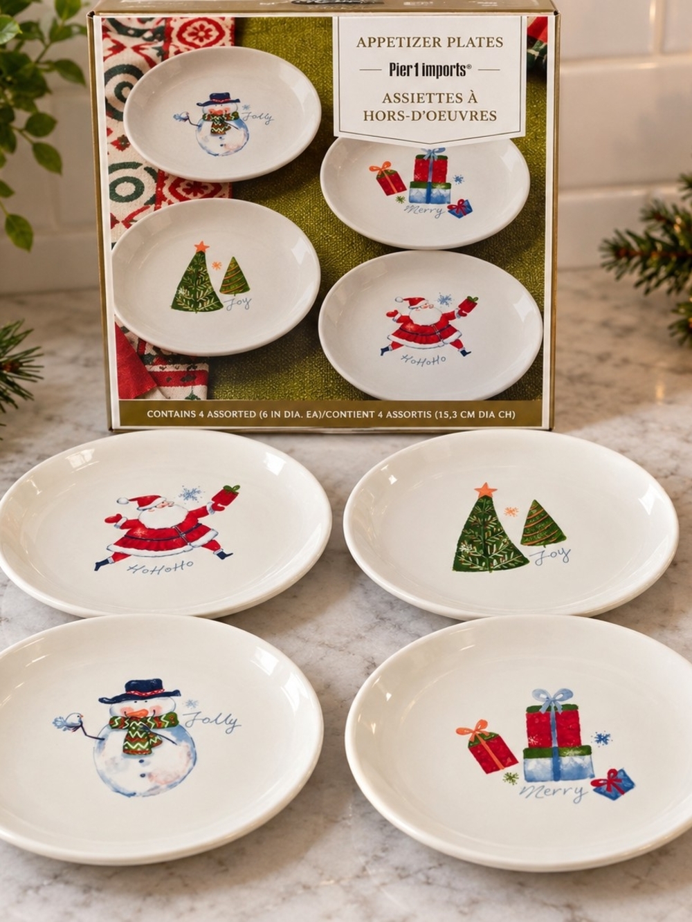 Pier 1 Holiday Appetizer Plates - White with Festive Prints (Set of 4)